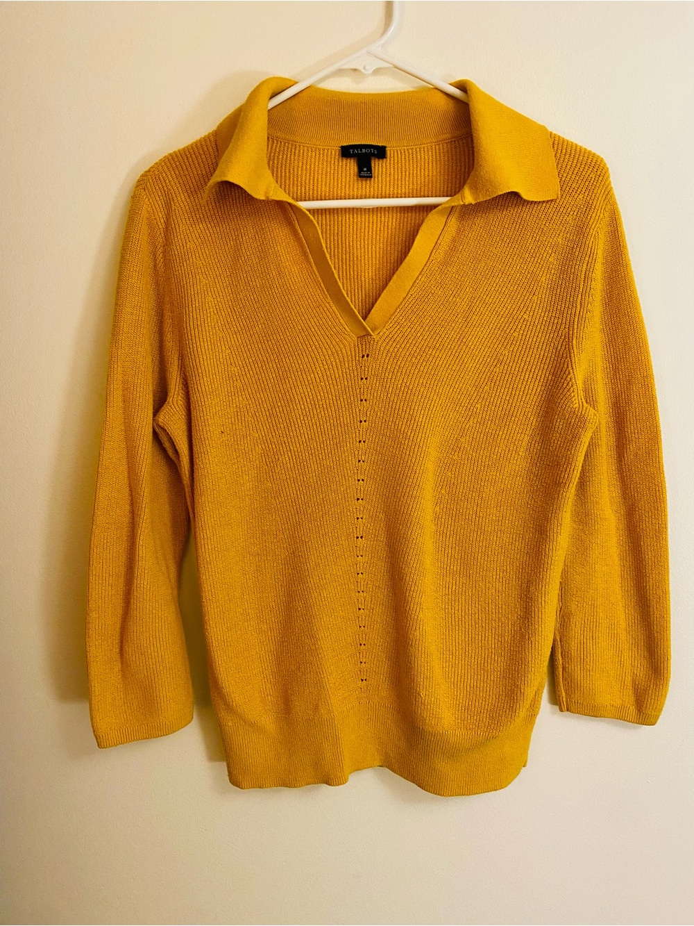 Talbots Mustard Yellow Collared V‑Neck Knit Sweater